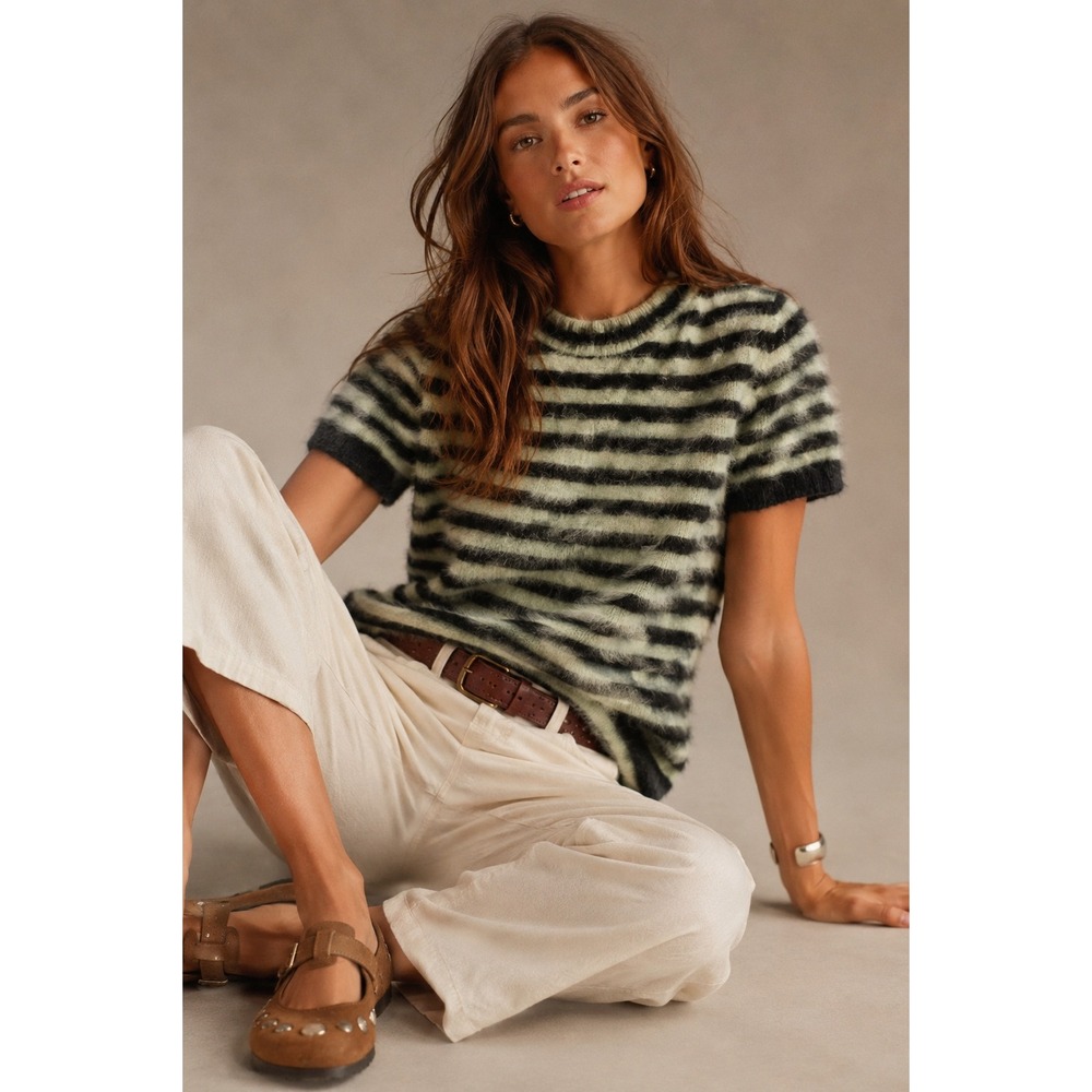 Bohme Women Green Striped Fuzzy Eyelash Knit Short Sleeve Sweater Top L